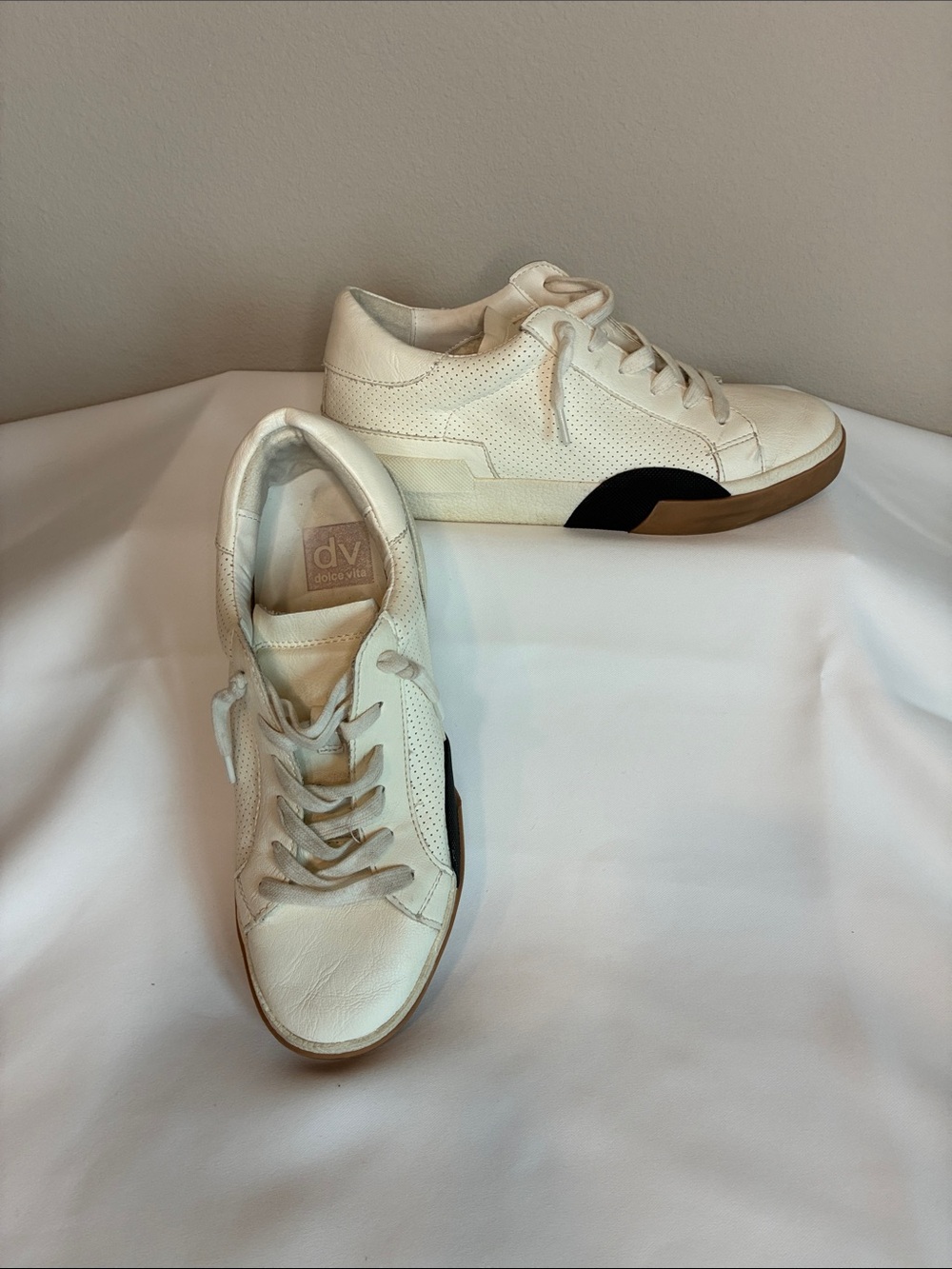 DV by Dolce Vita White Leather Sneakers with Black & Tan Accents